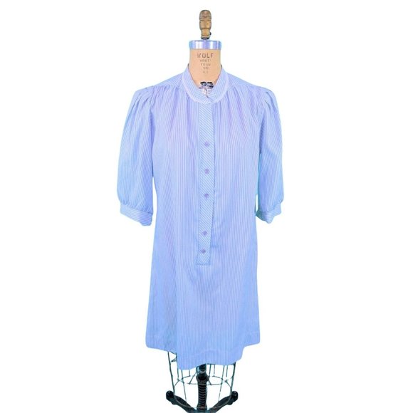 Vintage 1980s Striped Shift Dress Blue Nightgown Style Nautical | W 40" - Picture 2 of 6